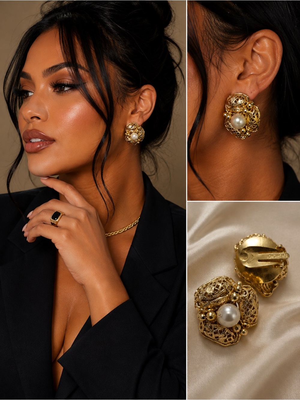 🏆 VINTAGE HONG KONG FILIGREE FAUX PEARL CLIP-ONS